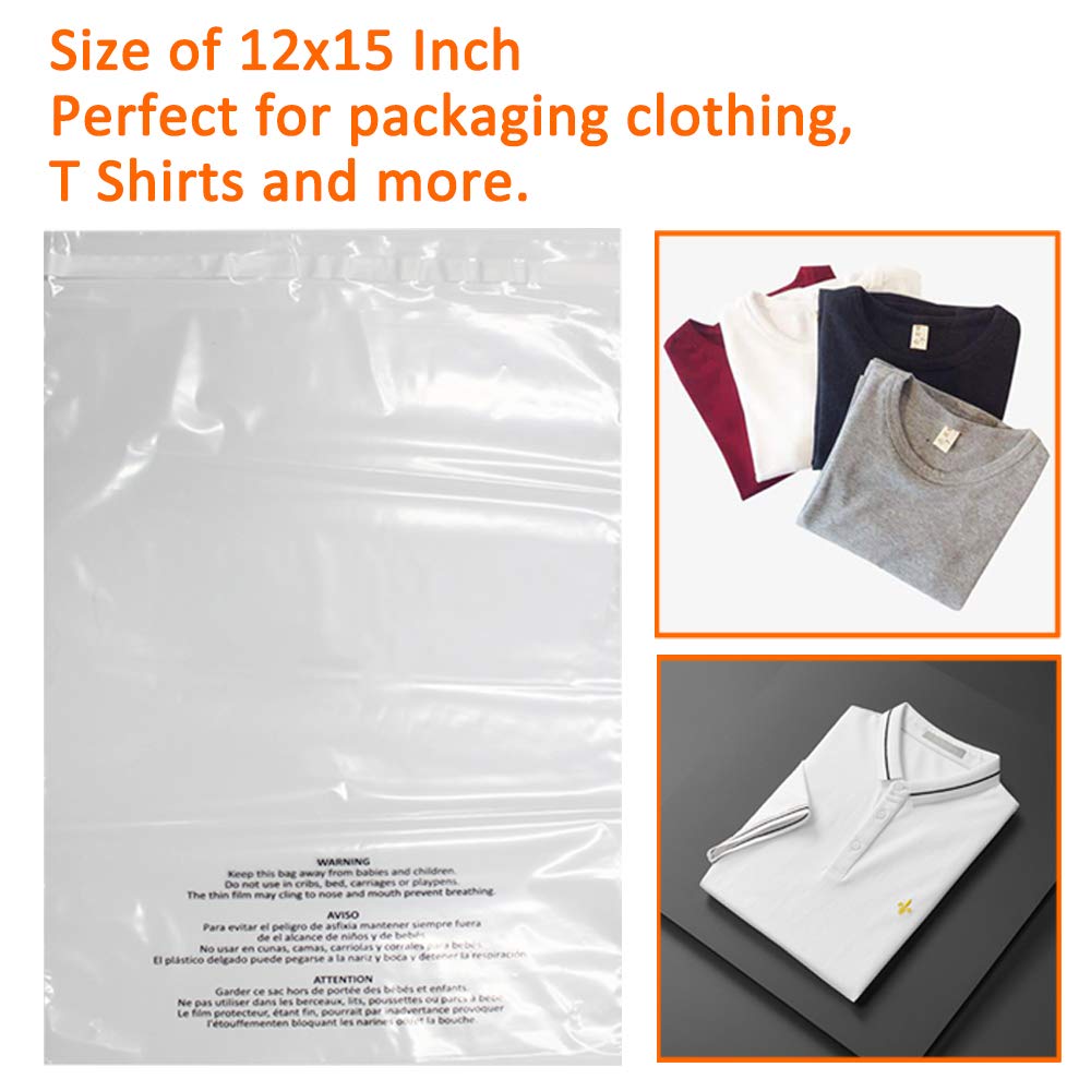 Belinlen 200 Count 12x15 Inch Self Seal Clear Poly Bags with Suffocation Warning for Packaging Clothing, T Shirts, Decorative Wrappers and More with Permanent Adhesive (1.5mil)
