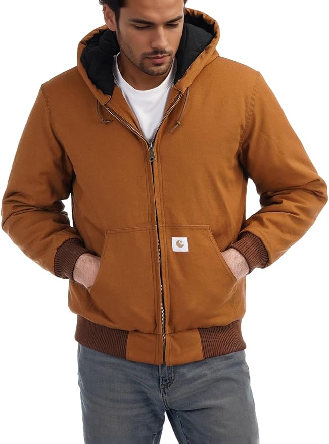 TUAOVA Men's Loose Fit Quilted Flannel Lined Workwear Waterproof Active Jacket Hooded Work Coat