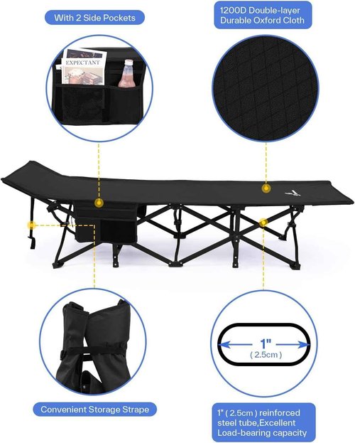 Sportneer Camping Cots for Adults: 1200D Double Layer Oxford Camping Cot with 2 Side Pockets - Heavy-Duty Comfort Cot Bed for Camping Travel Tent Day Outdoor & Home Guest, Ease of Setup