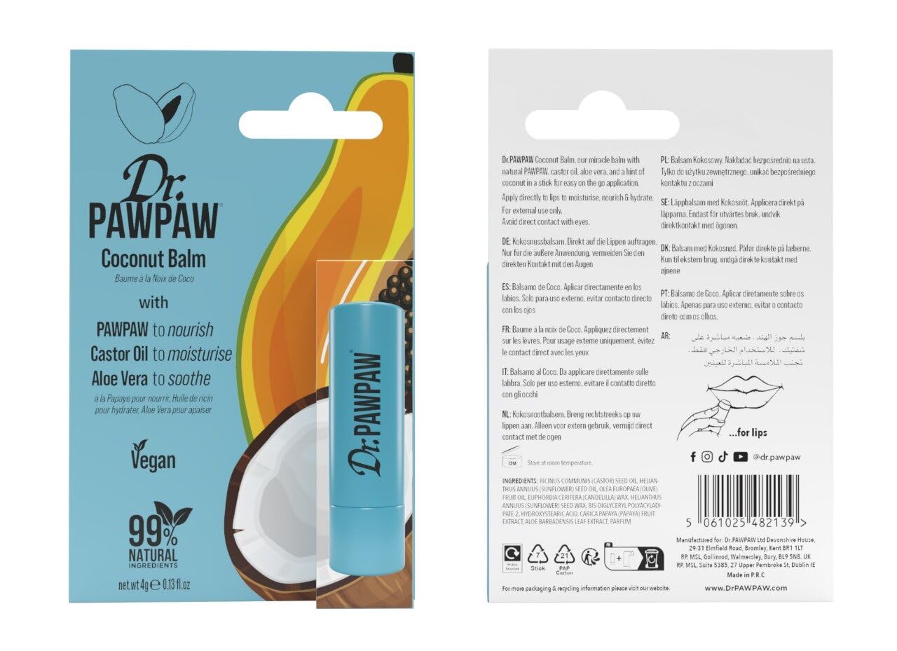 Dr. PawPaw Lip Balm - Hydrating Lip Balm Moisturizer with Aloe Vera for Deep Nourishment - Castor Oil Enriched - Coconut - 0.13