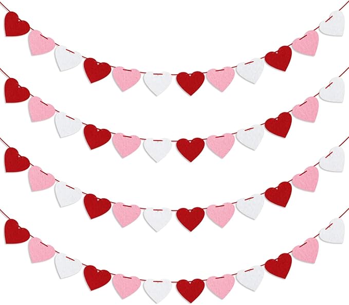 Felt Heart Garland Banner, Pre-Strung | Valentines Decorations | Red Pink White Valentines Banner | Anniversary Wedding Bi...