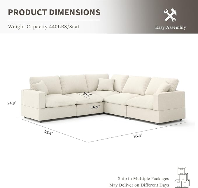 Cloud Couch Modular Sectional Sofa, 95.4" 5-Seater Corner Sectional Couches for Living Room, Convertible Cloud Sofa, Down Filled Wide&Deep Seat, Removable Washable Cushion Cover&Backrest Pillow Cover