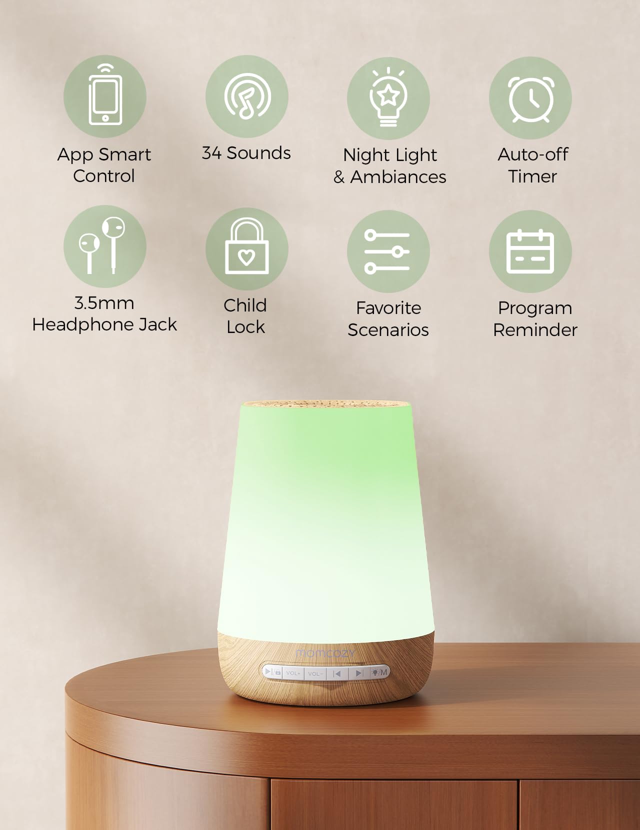 Baby Sound Machine, Momcozy White Noise Machine for Baby Sleeping with Night Light, Toddler Sleep Trainer with 34 Soothing Sounds, Timer, App Remote Control, Personal Sleep Routine(Wood Grain)