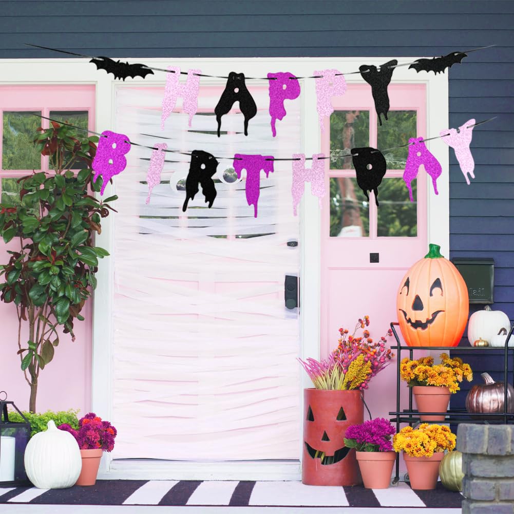 Happy Birthday & Halloween Banner - Pink, Purple, Glitter - Girl 1st Birthday Party Decorations with Spooky Bats