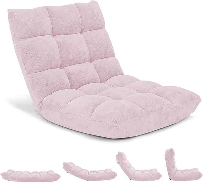 DREAMADE Folding Floor Chair w/Back Support, 14-Position Adjustable Lazy Sofa Chair w/Coral Velvet Fabric & Alloy Steel Frame, Portable Meditation Chair for Reading, Gaming,Sleeping (Light Pink)