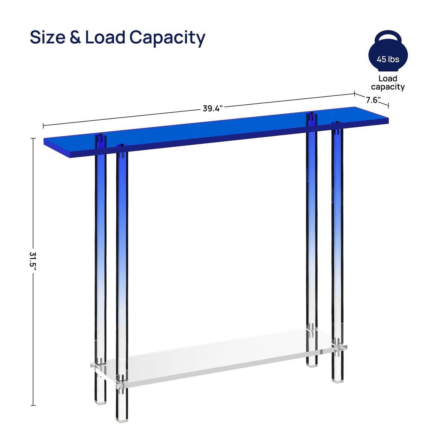 HMYHUM Narrow Acrylic Console Table, with Transparent Gradient Blue Square Legs, 7.6" Width, 2-Tier Clear Entryway Table for Hallway, Foyer, Sofa, Living Room, 39.4" L x 31.5" H
