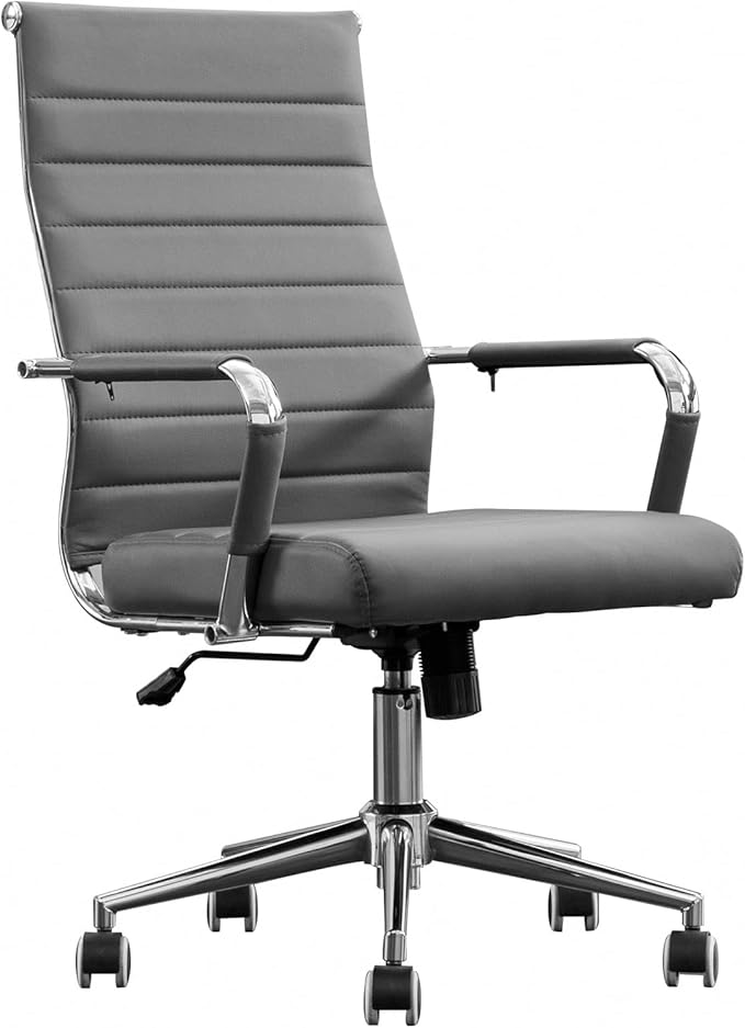 BOWTHY Home Office Chair Ribbed, Modern Leather Conference Waiting Room Chairs,Ergonomic Office Desk Chair, High Back Executive Computer Chair, Adjustable Swivel Chair with Arms (Gray)