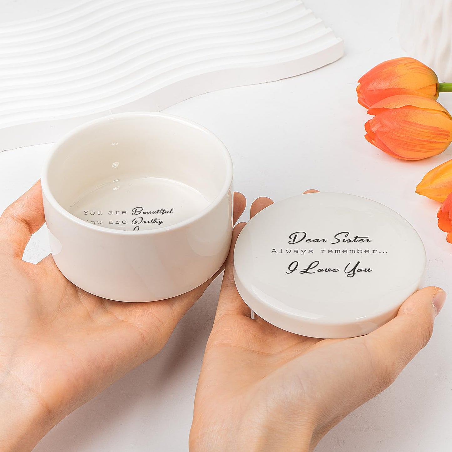 kullder Gifts for Sister, Ceramic Trinket Box, Personalized Round Jewelry Box for Ring and Bracelet, Birthday Sisters, Sisters Christmas, Birthday Keepsake from Sisters