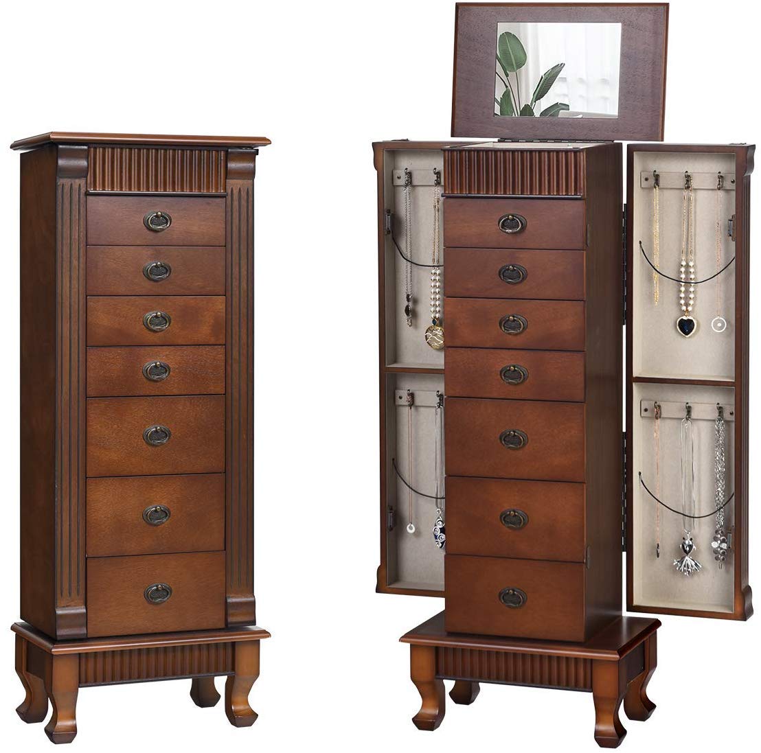 HOMGX Standing Jewelry Armoire Cabinet Storage Chest, Makeup Mirror and Top Divided Storage Organizer, Large Standing Jewelry Armoire with 7 Drawers, 2 Swing Doors, 12 Necklace Hooks