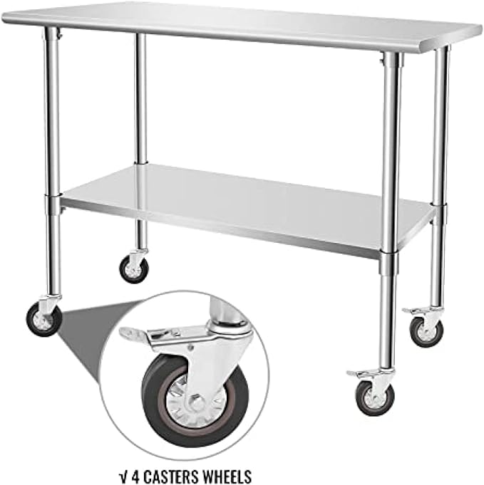 Stainless Steel Table - Metal Table Cart - Commercial Workbench with Caster Wheel - NSF Certified - for Restaurant, Warehouse, Home, Kitchen, Garage,48''x24''