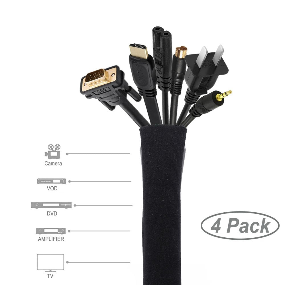 Joto 4 Pack Cable Management Sleeve, 19-20 Inches Cord Organizer System With Zipper For Tv Computer Office Home Entertainment, F