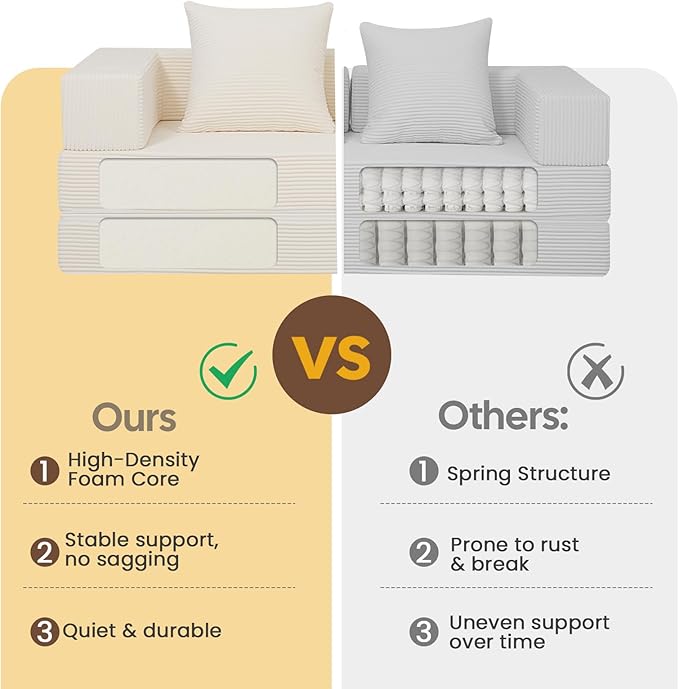 COMAX Futon Sofa Bed, 4‑in‑1 Convertible Sofa Bed, Folding Boneless Couches for Living Room, Fold Out Small Foldable Loveseat Floor Sleeper Comfy Mattress Lounge Space‑Saving, Beige
