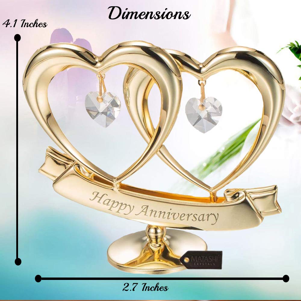 Matashi 24K Gold Plated Anniversary Heart Sculpture with Crystals – Double Heart Statue - Perfect Christmas and Holiday Gift and Premium Quality Cake Topper