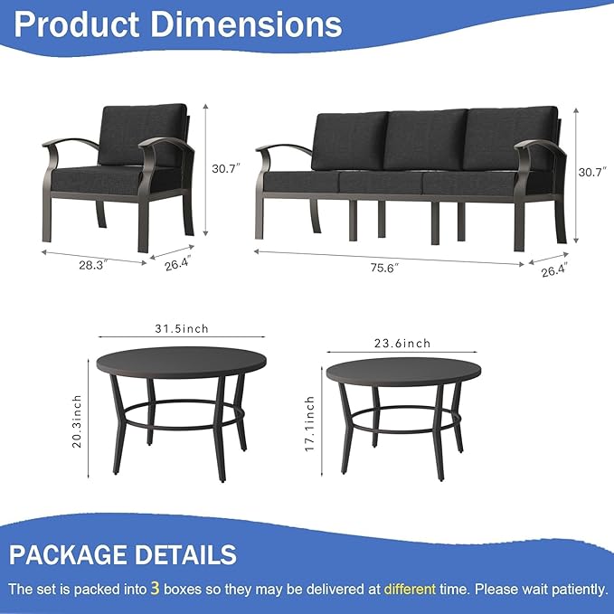 RTDTD Aluminum Outdoor Patio Furniture Set,5 Seats Patio Conversation Sets with 2 Round Coffee Tables,Metal Patio Sectional Furniture Set with 5.1" Thickened Cushions,Black