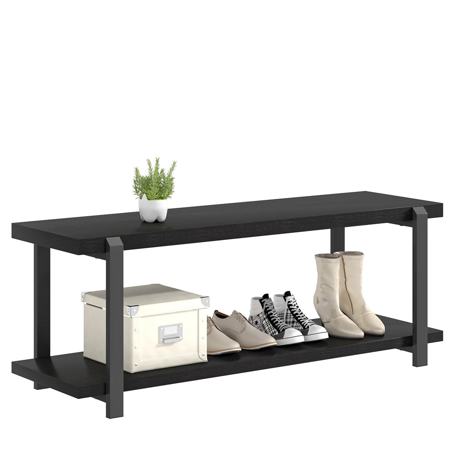 EXCEFUR Entryway Bench, Modern Wood and Metal Storage Bench for Hallway, Industrial Indoor Shoe Rack Bench Seat for Living Room Bedroom, Black Oak 47 Inch Long