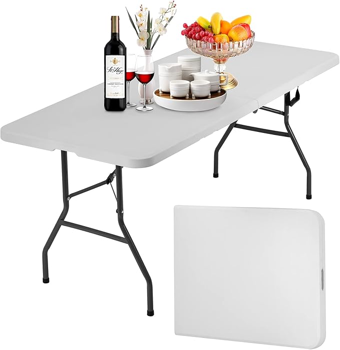 Folding Table 6 ft | Heavy Duty Plastic Picnic Table Indoor Outdoor | Portable Camping Dining Party Utility Table | Easy t...
