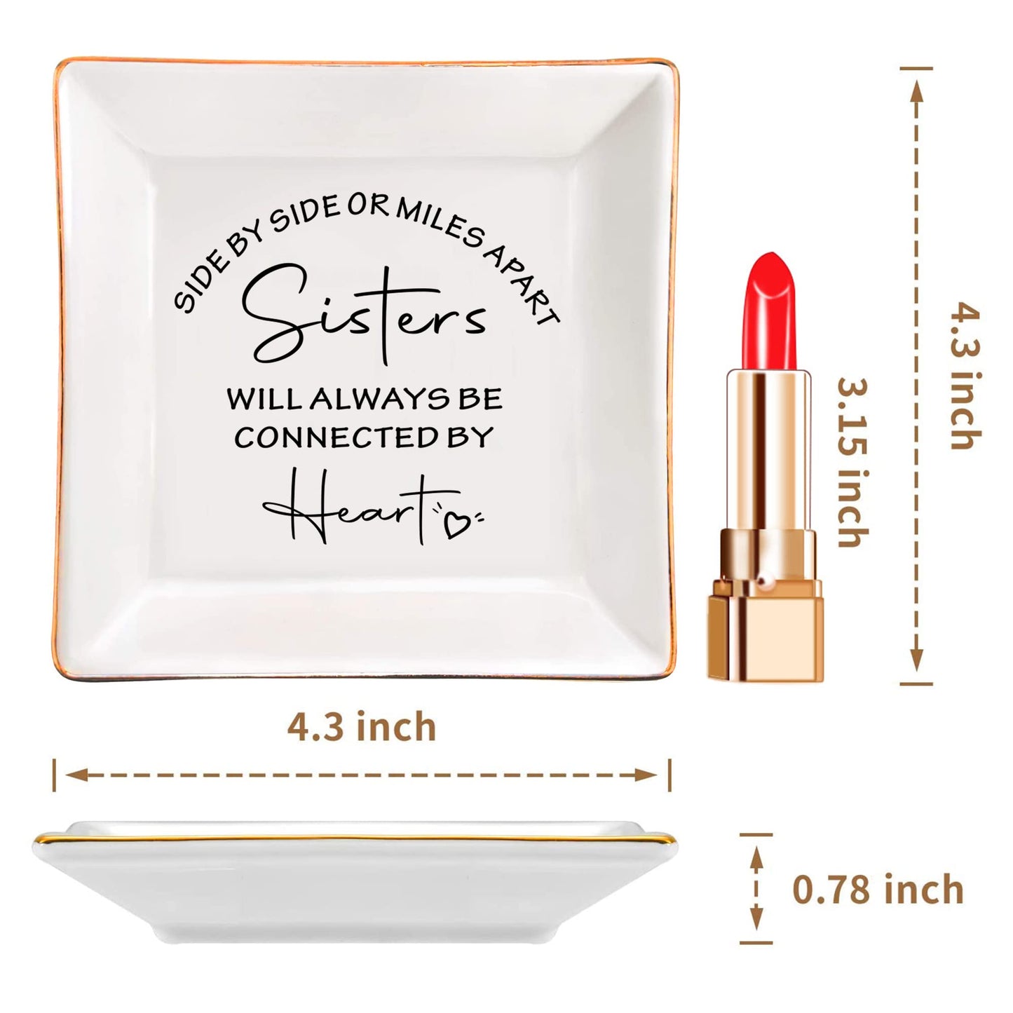 FACEINSE Ceramic Jewelry Trinket Dish for Sister, Long Distance Gifts for Sisters - Side by Side or Miles Apart, Sisters will Always be Connected by Heart - Gifts for Sisters for Birthday, Christmas, Graduation