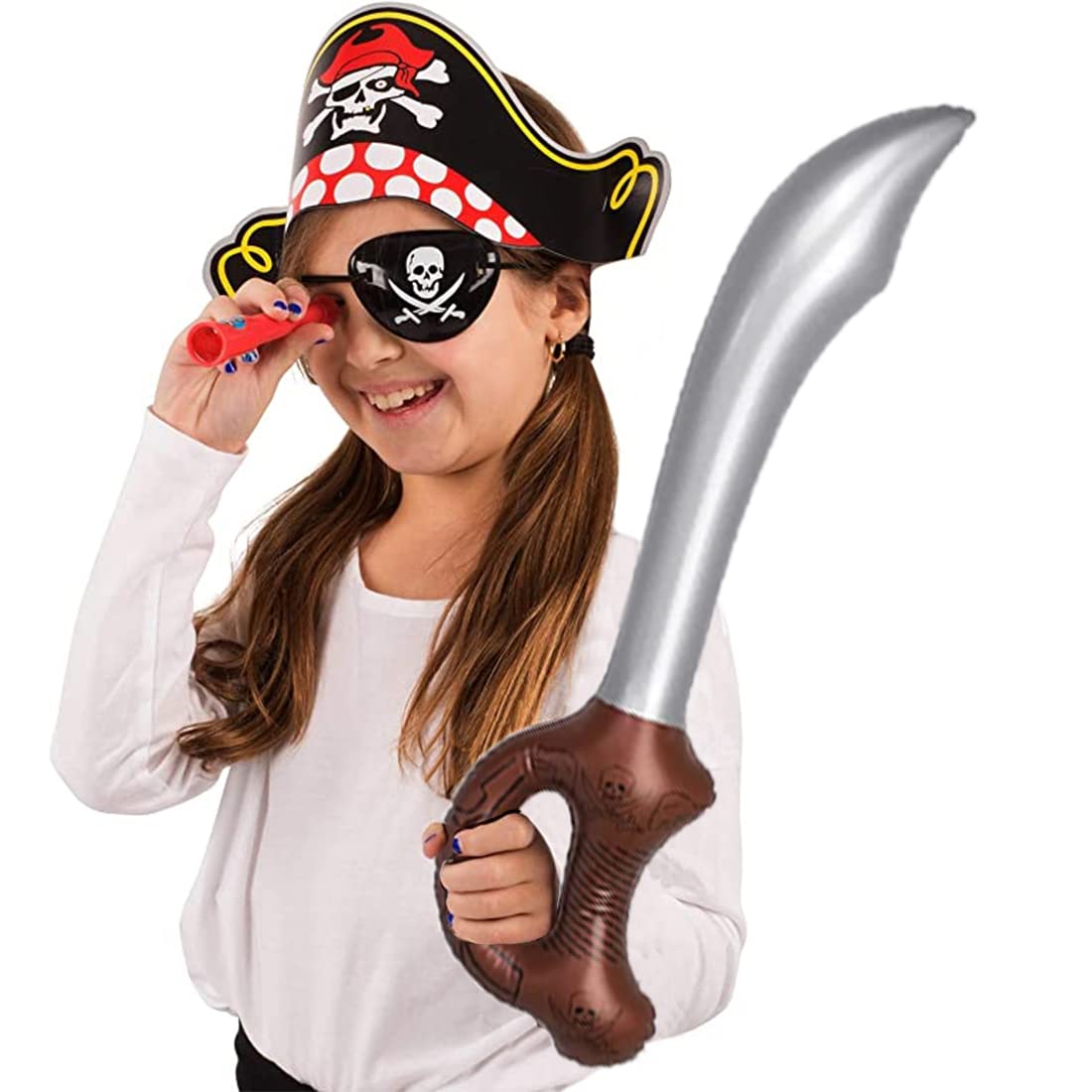 Funny Pirate Party Hats 48 PC Set – Pirate BirthdayParty Favors for Kids - 12 Pirate Hats, 12 Patches, 12 Swords, 12 Telescopes