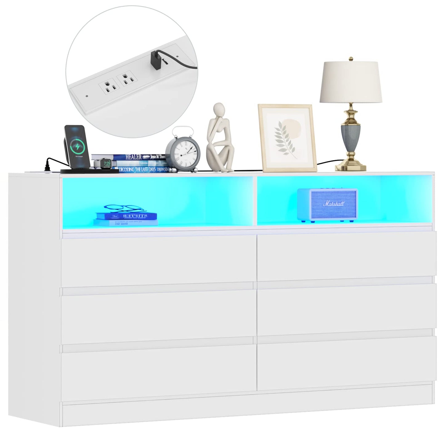 Gyfimoie 6 Drawer Double Dresser with Power Outlet, Accent Chests of Drawers with LED Light, Modern White Storage Dresser with Charging Station (Mirror Not Included)