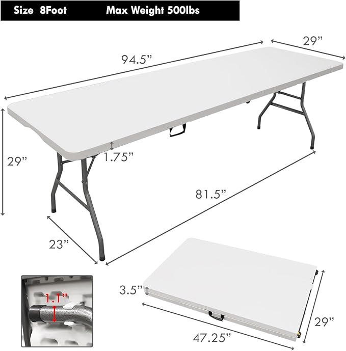 Plainsity 8ft Folding Table, Foldable Table with Foldable, Easy to Carry, for Family Gatherings, Outdoor Gatherings, Indoor