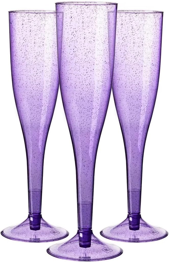 Homy Feel 6.5 OZ Purple Glitter Plastic Champagne Flutes 30 Pack, Disposable Wine Glasses for Party,Plastic Champagne Glas...