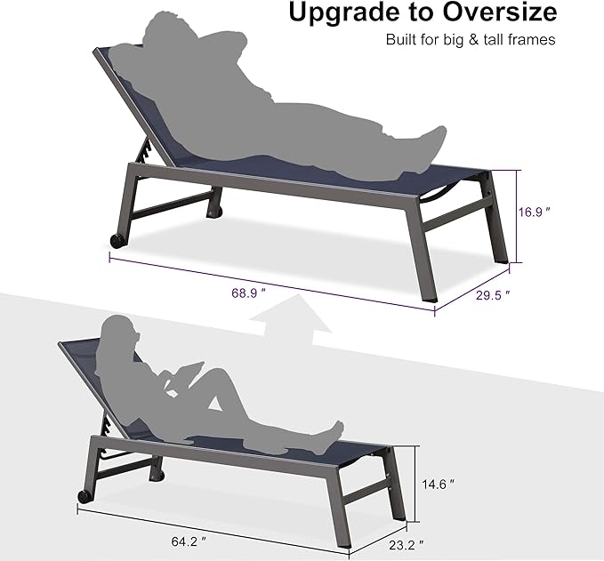 PURPLE LEAF Outdoor Chaise Lounge Set for 2 Oversized Pool Lounge Chairs with Easy-to-Move Wheels and Adjustable Backrest Extra Large Patio Loungers for Poolside Deck Beach Table Included, Navy Blue