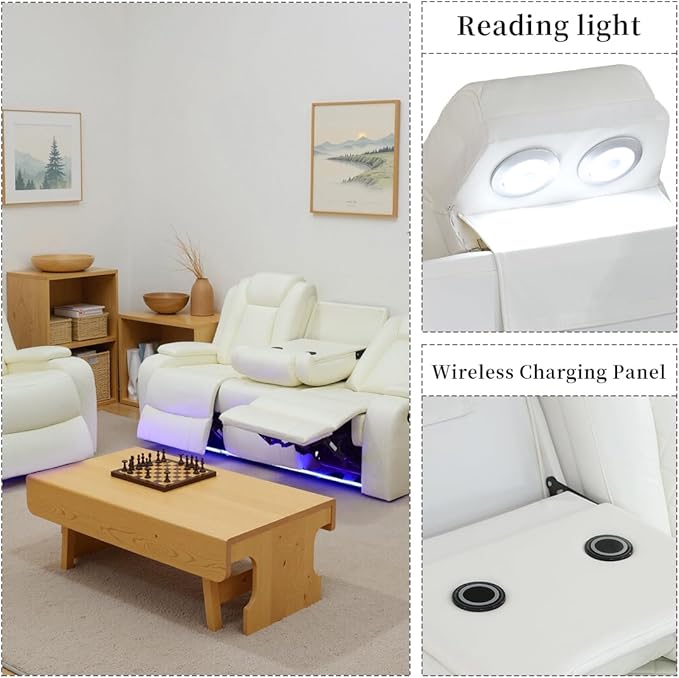 Toseslo Power Recliner Sofa Set with LED Light, Leather Sectional Sofa and Chair Set, Living Room Furniture Sets, Modern Power Reclining Sets with Storage Console for Living Room(Creamy White)