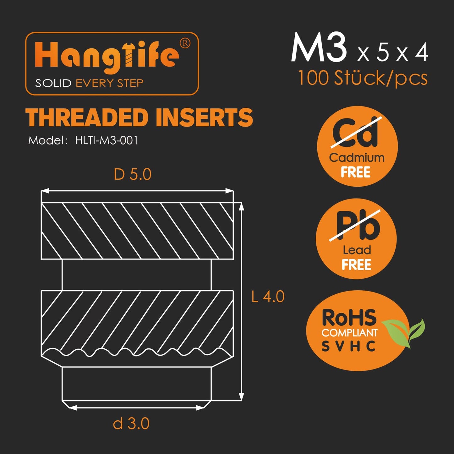 HANGLIFE Heat-Set Threaded Inserts, M3 Heat Set Insert for 3D Printing Components and Plastic Parts - Brass Metric Knurled Nuts (100 Pieces)