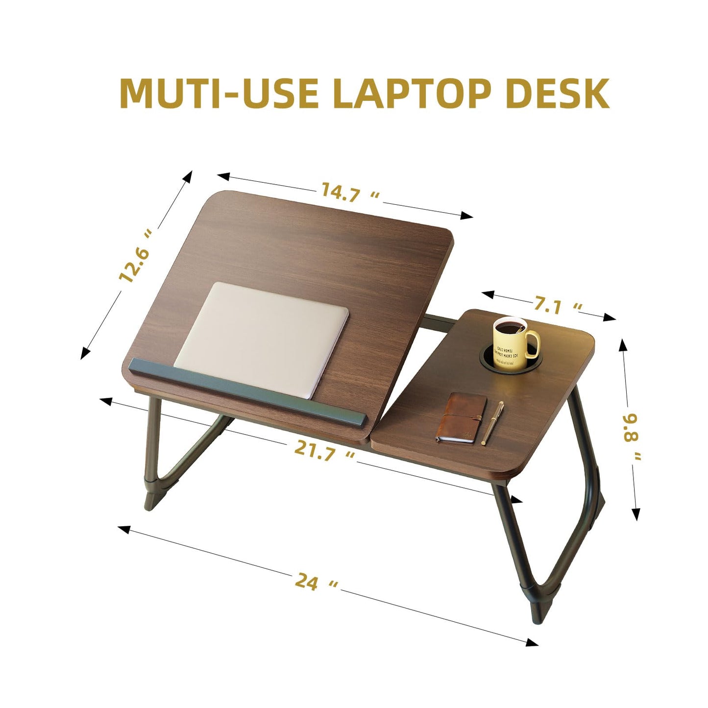 YPRNM Bed Desk for Laptop, Foldable Laptop Table for Bed and Sofa, Bed Trays for Eating and Laptops with Cup Holder, 5 Levels of Adjustable Height(Black Walnut)