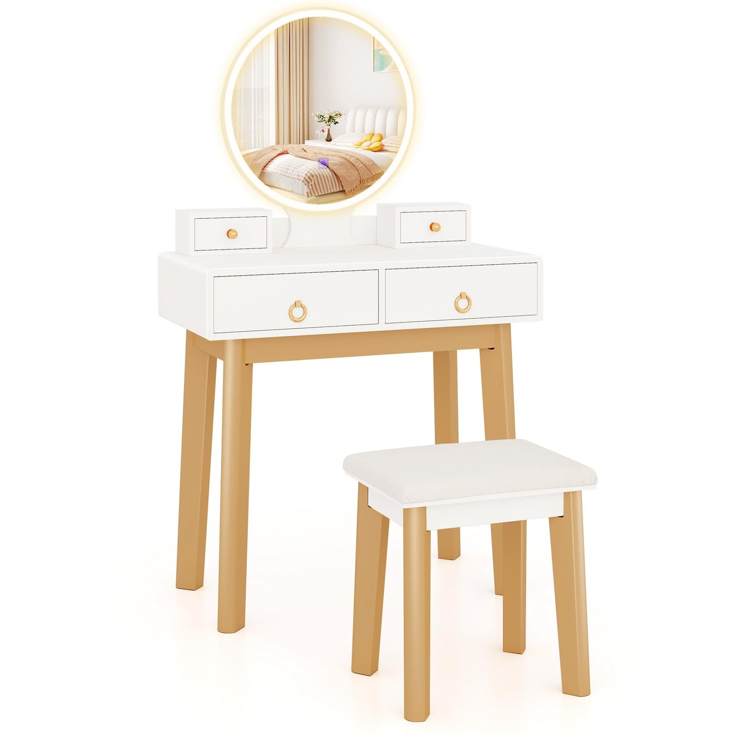 COSTWAY Vanity Table Set with LED Lighted Mirror, Makeup Dressing Table Set with 3 Color Lighting Modes & Adjustable Brightness, Vanity Desk with Cushioned Stool for Women, Girls, White