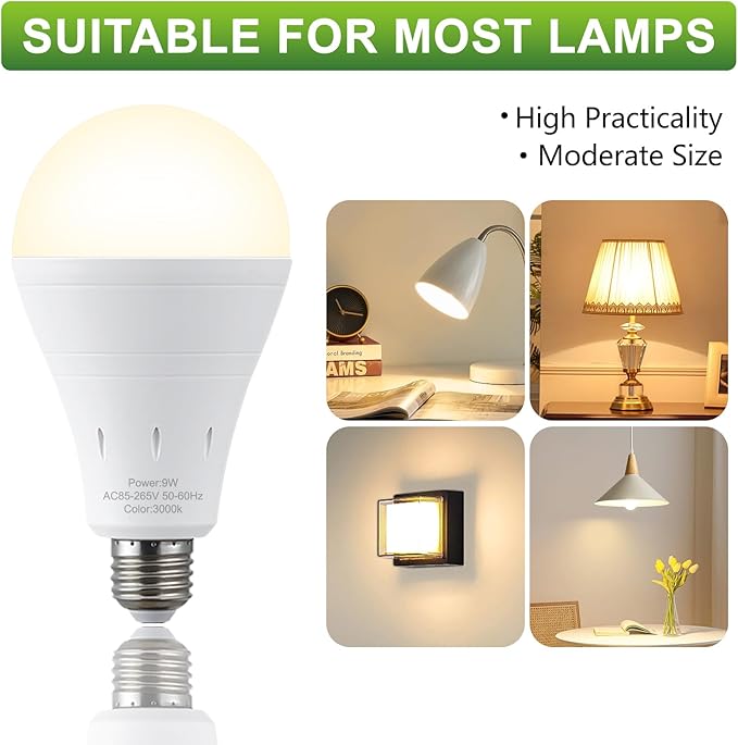 6 Pack Rechargeable Emergency Light Bulbs, Battery Powered Energy Efficient LED Light Bulb 3000K Warm E26 120 Volt 9W 60W Equivalent with 1200mAh for Home Power Outage Camping Hurricane