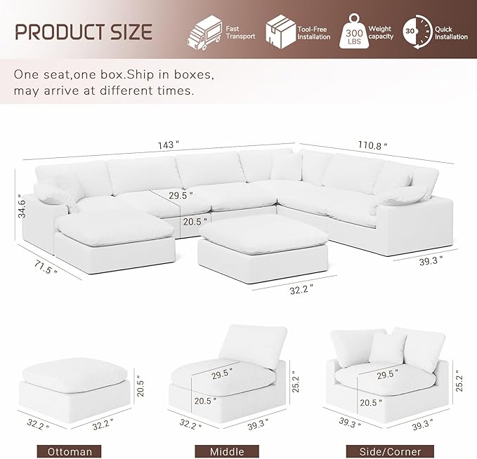 Forest aesthetics Cloud Modular Sectional Sofa,253.8" Down Filled Sofa 7 Seat with Chaise,Minimalist Sofa Cover Washable and Replaceable Couches for Living Room,Sectional Sofa Deep Seat