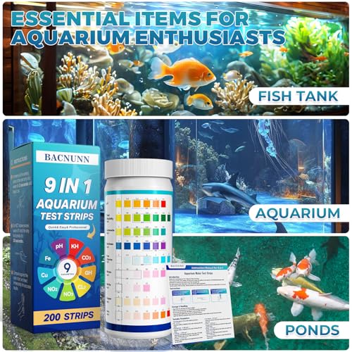 BACNUNN Aquarium Test Strips: 200CT 9 in 1 Quick & Accurate Fish Tank Water Testing Kit for Freshwater Pond Testing Nitrat...