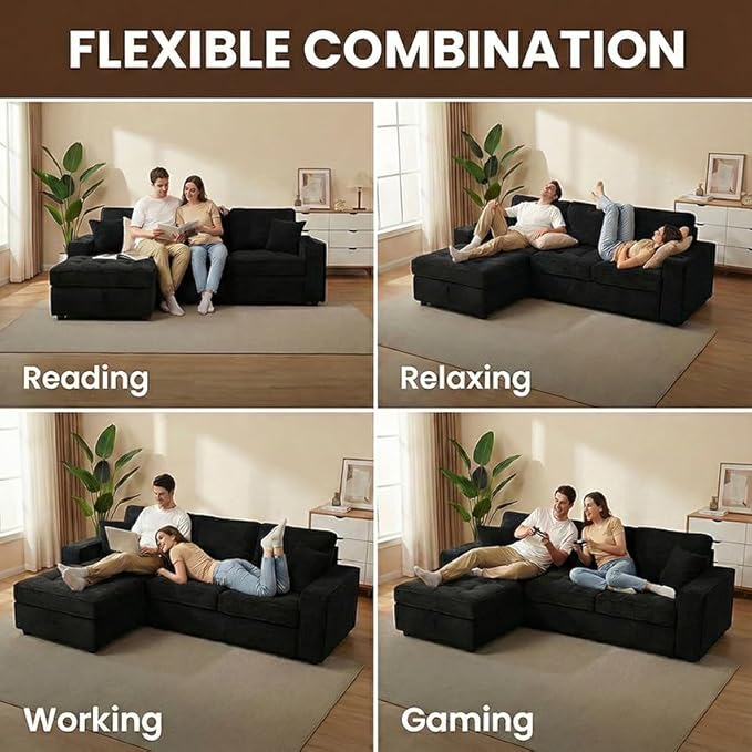 NAYA 106” Modular Sectional Sofa, Cloud Sectional Couch with Deep Seat, Modern Modular L-Shape Sofa Boneless Couch with Chaise for Living Room Bedroom (Black, Cloudy Sofa with Left Facing Chaise)