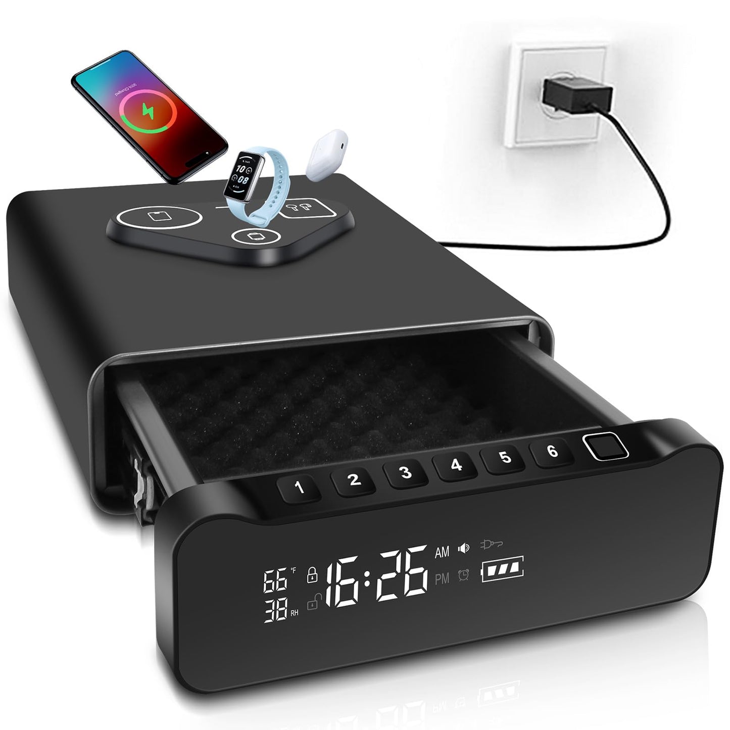 Fingerprint Biometric Gun Safe, Clock Handgun Safe with 3-in-1 Watch & Phone Wireless Charging, Drawer Lock for Hand guns, Cash, Valuables- with Humidity |Temperature| Alarm Clock| Time