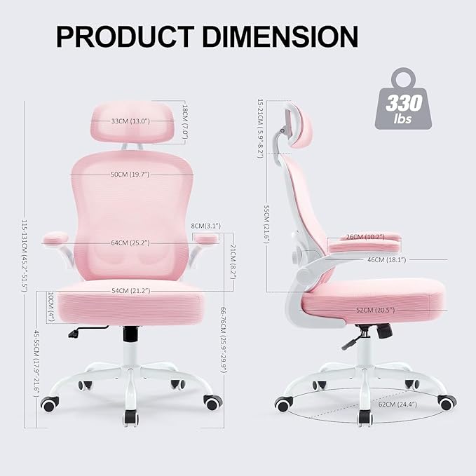 TUKAKA Ergonomic Office Chair,Ultra Thick Office Desk Chair with Adjustable Lumbar Support and Headrest,Spring Cushion,Rocking Function,Flip-up arms,Mesh Computer Chair for Home Office,Pink