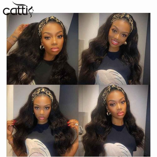 catti Body Wave Headband Wig Human Hair for Black Women Glueless None Lace Front Wigs Human Hair 9A Brizilian Virgin Hair Machine Made Headband Half Wigs Human Hair 150% Density (22" Headband wigs)