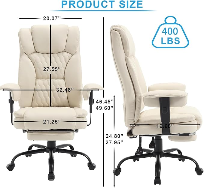 Reclining Office Chair with Footrest, 400Lb Big and Tall Office Chairs High Back Executive Computer Gaming Chairs with Wide Seat Pu Leather Recliner Home Desk Chairs for Adult,Beige