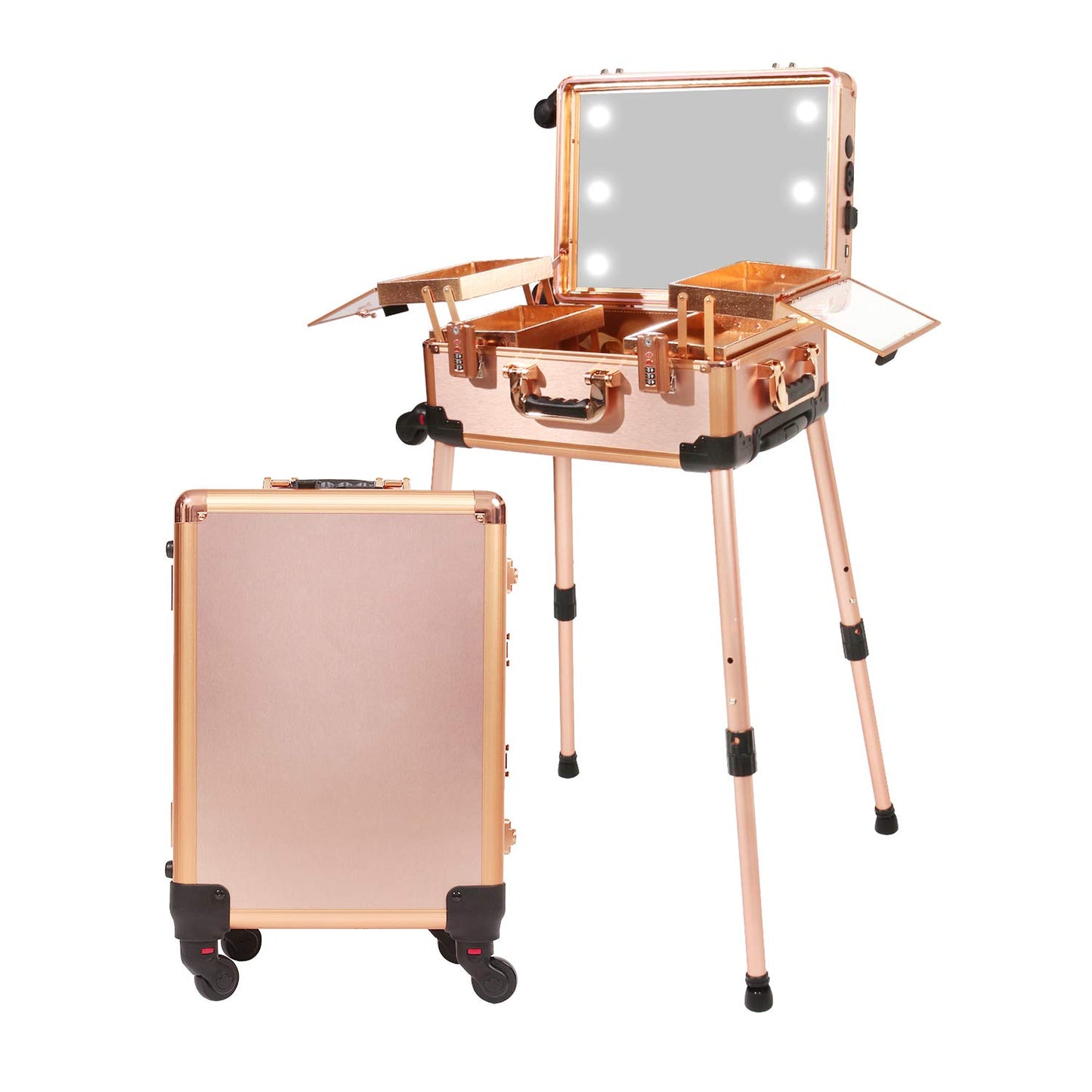 Jula Vance Medium Makeup Train Case with Code Lock, Lighted Mirror, Speaker Travel Cosmetic Organizer Box, Professional Artist Trolley Studio Free Standing Case