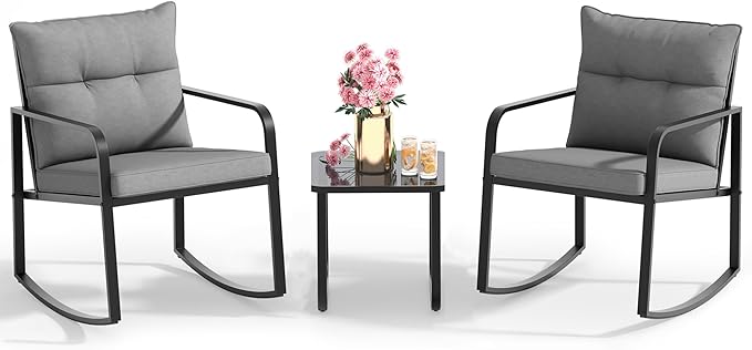 Gizoon 3 Piece Rocking Bistro Set, Black Steel Patio Furniture, Porch Chairs Conversation Set with Glass Coffee Table, Back Cushion, for Balcony, Garden, Deck, Backyard, Grey