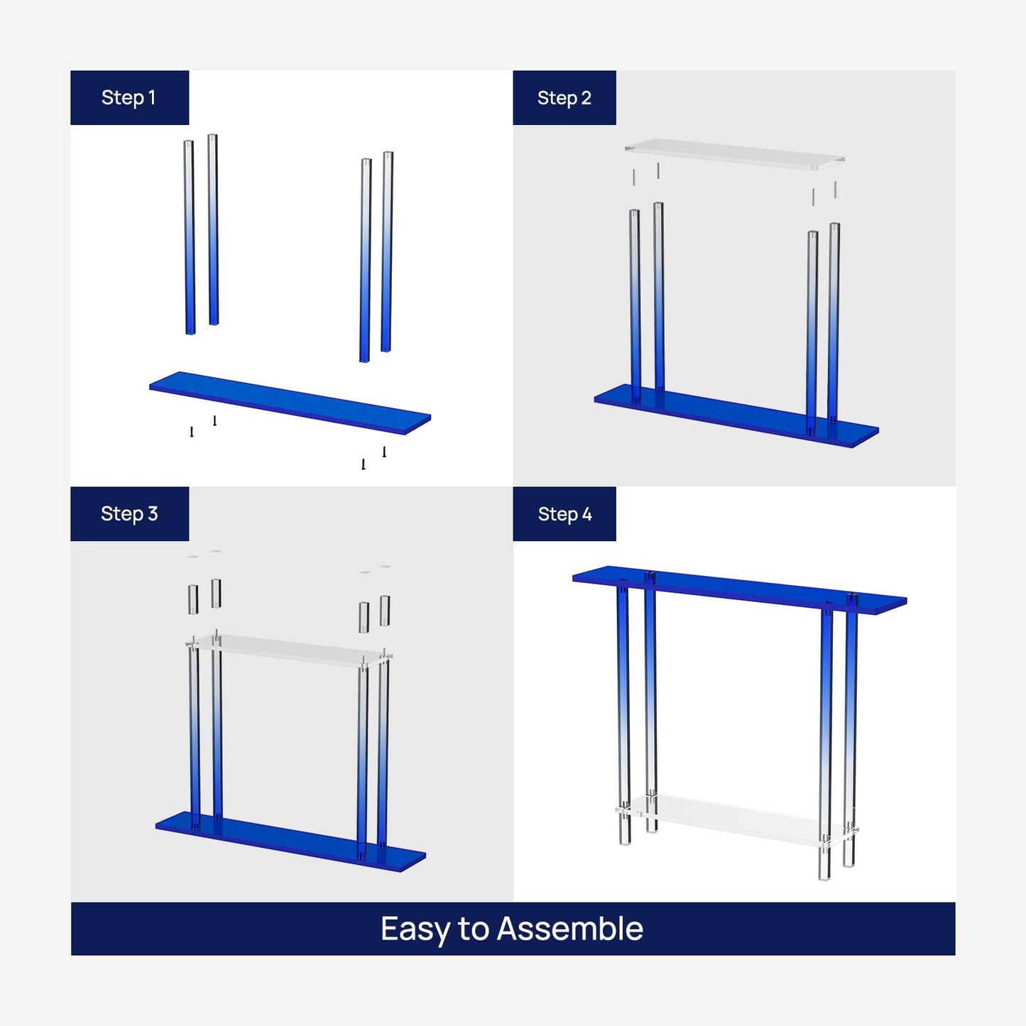 HMYHUM Narrow Acrylic Console Table, with Transparent Gradient Blue Square Legs, 7.6" Width, 2-Tier Clear Entryway Table for Hallway, Foyer, Sofa, Living Room, 39.4" L x 31.5" H