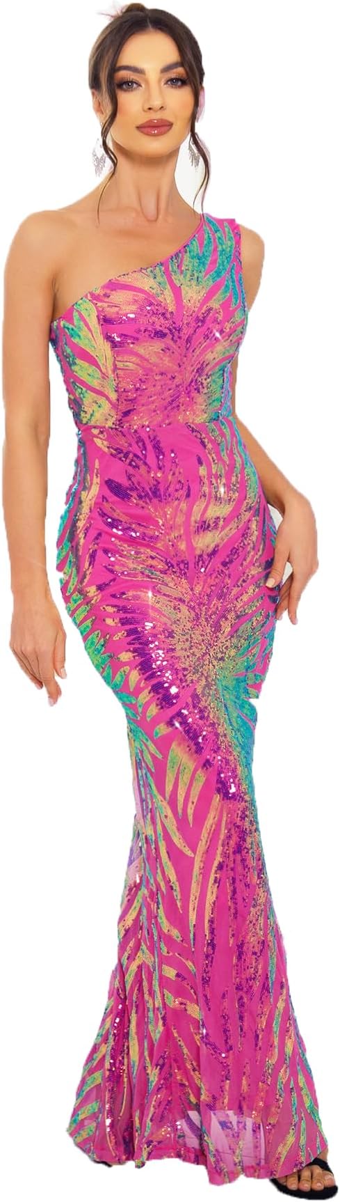 Holographic Sequin Formal Dress Stretch Maxi Prom Evening Gown