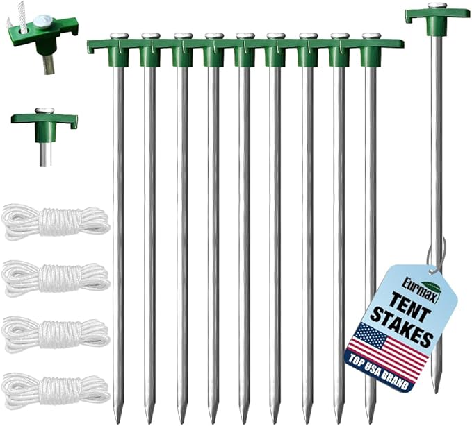 Eurmax USA Galvanized Non-Rust Camping Family Tent Pop Up Tent Stakes Canopy Anchors Heavy Duty 10pc-Pack, with 4x10ft Rop...