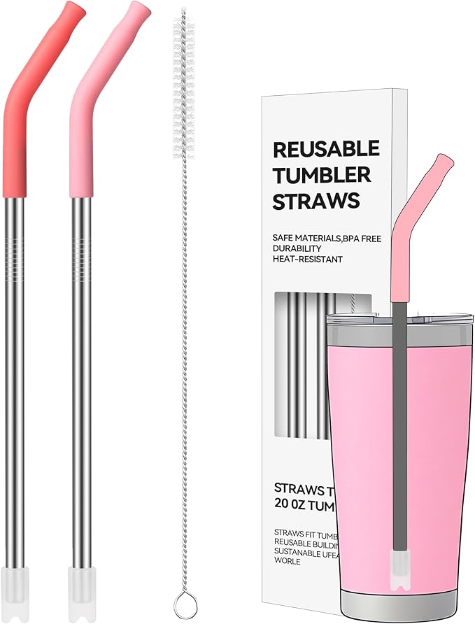 Reusable Metal Straws, Stainless 2 PACK Steel Straws with Silicone Tip for 20 oz Tumbler, Long Drinking Replacement Straw for YETI, STANLEY, US Acrylio, BJPKPK, Simple Modern and so on