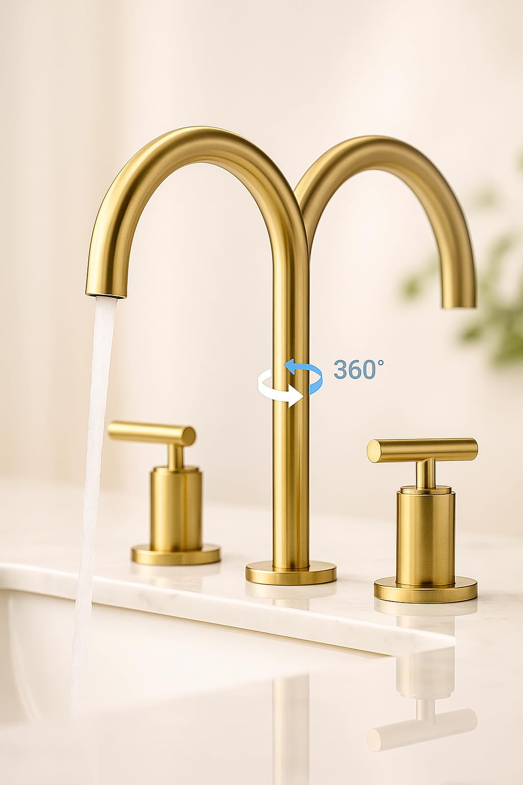 Brushed Gold Bathroom Faucet, Indare Two Handles 360° Swivel Spout Widespread 4Inch 8Inch Brass Bathroom Sink Faucet 3 Hole with Pop-Up Drain and Water Supply Lines, Upgraded Style