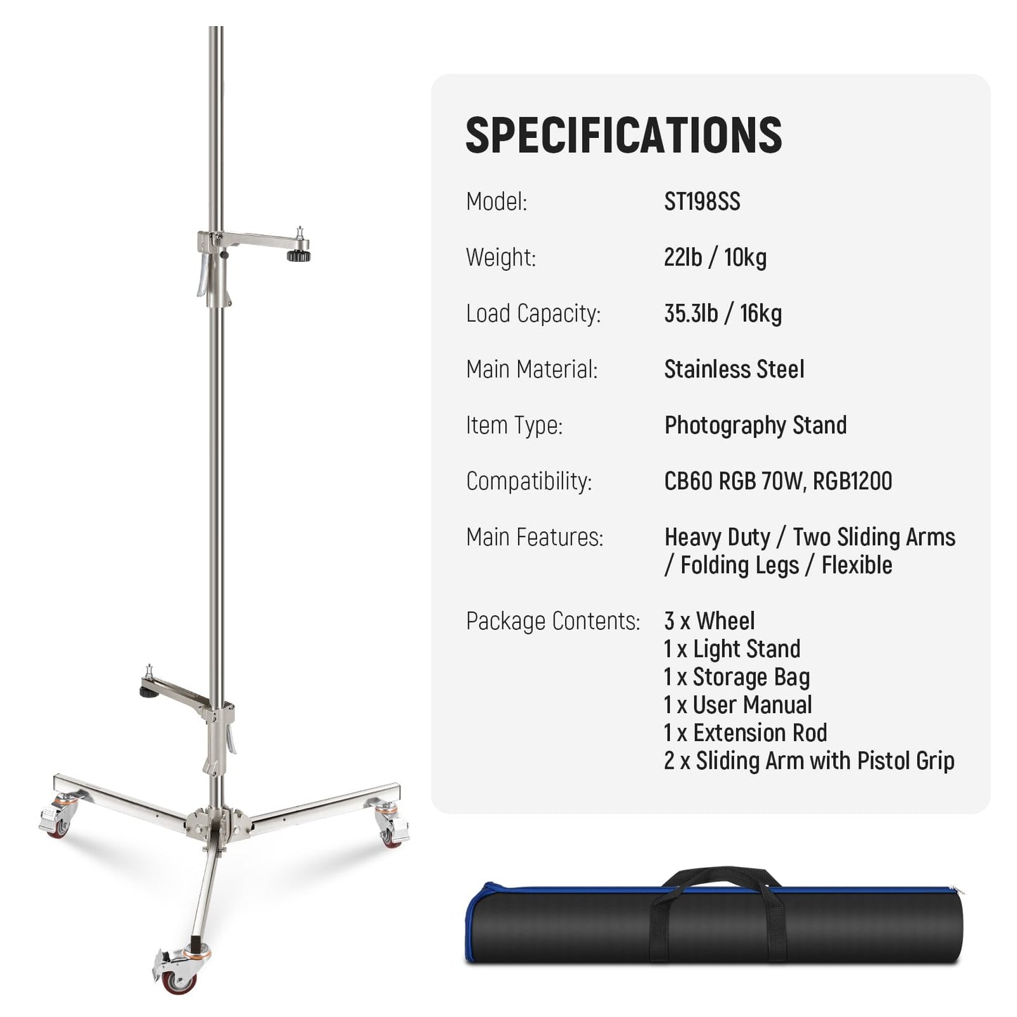 NEEWER 6.5ft/198cm Stainless Steel Light Stand, Heavy Duty Tripod Stand with Caster Wheels, 2 Sliding Arms with Pistol Grip, Folding Leg for Photography Softbox Monolight, Max. Load 35lb/16kg, ST198SS