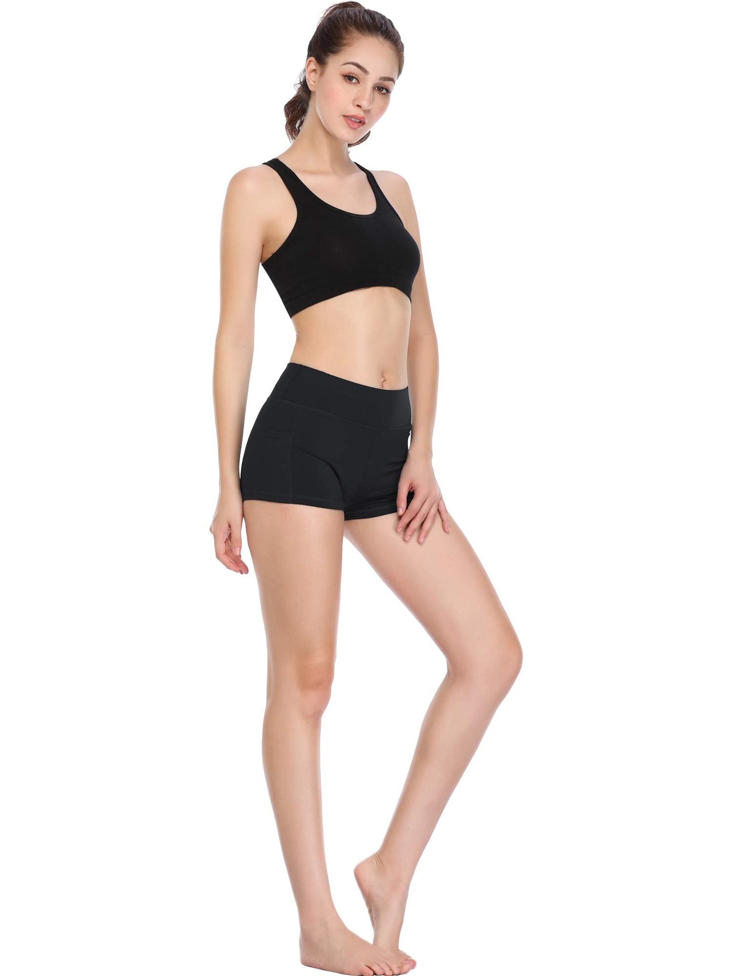 CADMUS Women's Workout Yoga Running Compression Exercise Booty Shorts with One Side Pockets,3 Pack,09,Black,Small