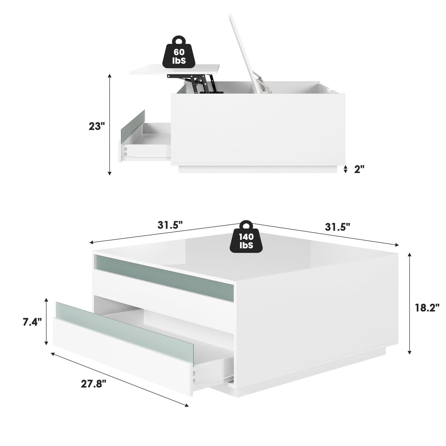 High Gloss Coffee Table with Storage,White Square Lift Top Coffee Tables with LED & Flip Lid, Small Modern Coffee Table for Living Room with Drawer