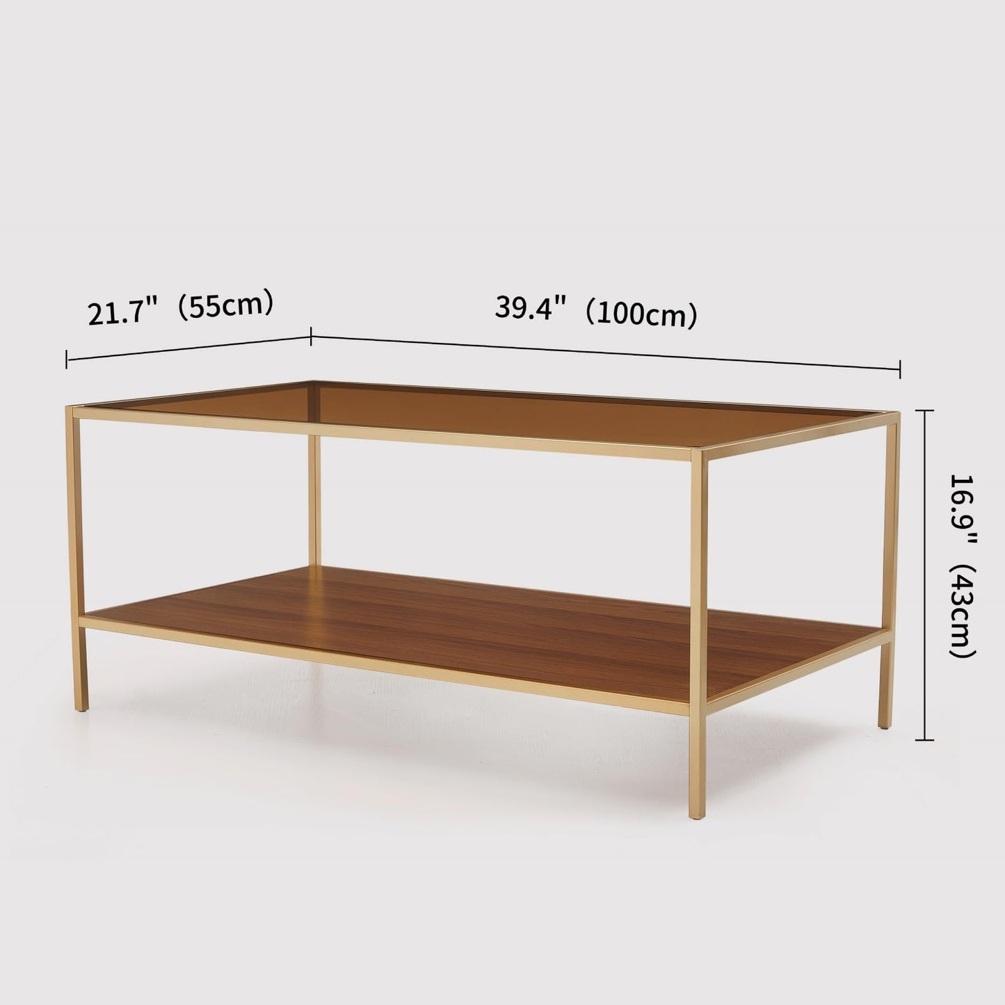 LumFurn Glass Coffee Table for Living Room and Bedroom, 2-Tier Mid-Century Modern Table with Amber Tempered Glass Top and Walnut Finish Wood Shelf, Metal Legs with Gold Finish