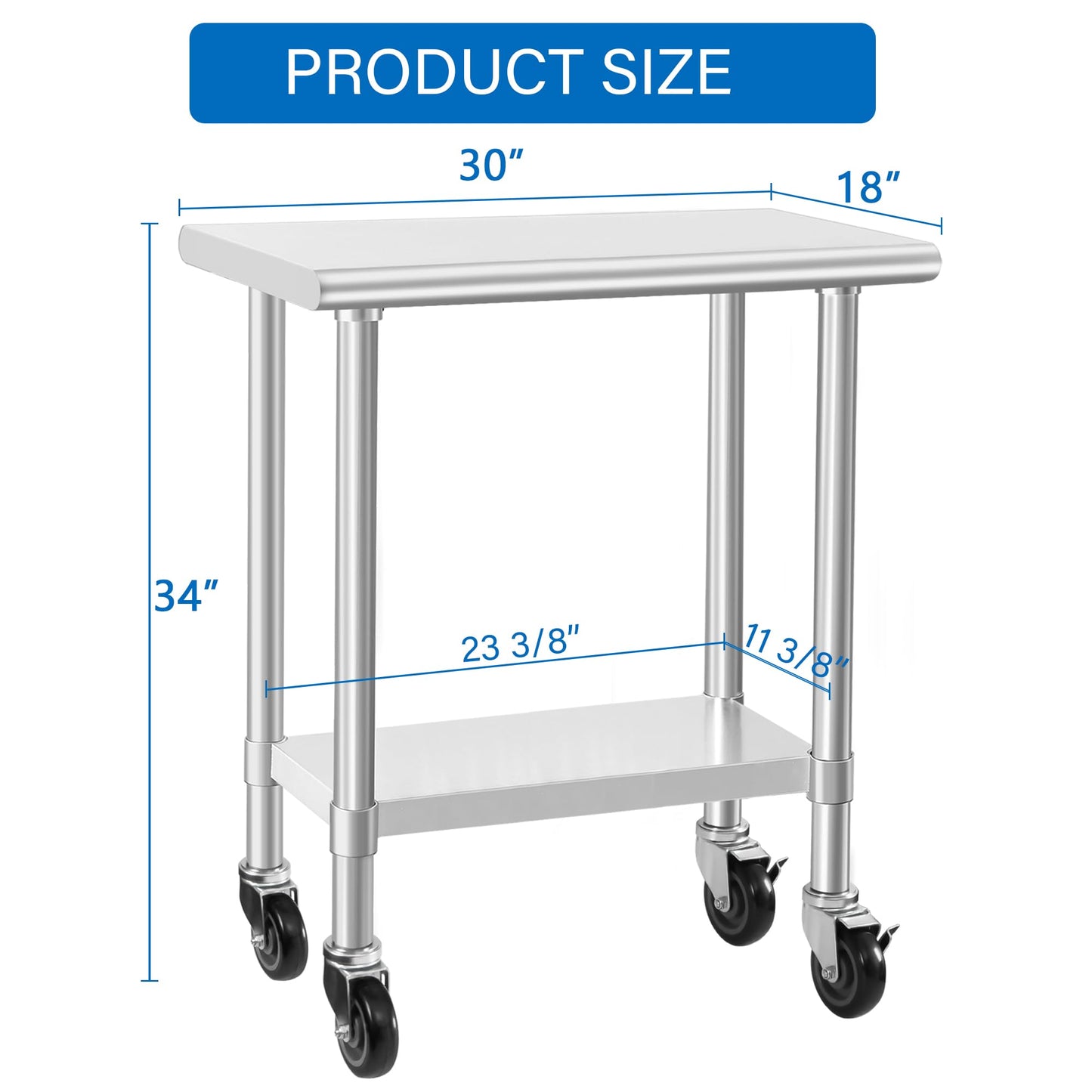 HARDURA Stainless Steel Commercial Table Prep & Work Table with Casters Heavy Duty Metal Table with Wheels NSF 430 18×30 Inches